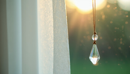 Delicate Crystal Ornament Hanging on a Sheer Curtain