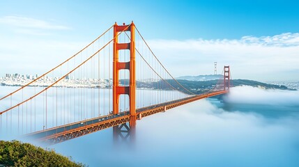 Fototapeta premium Golden Gate Bridge Enveloped in Fog: A Majestic San Francisco Vista
