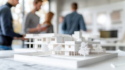 Close-up of a modern architectural model with blurred architects discussing in the background. Concept of design planning, teamwork, urban development, and architectural creativity