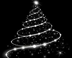 A stylish black-and-white Christmas tree illustration decorated with lights and surrounded by snowflakes and stars