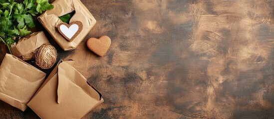 Valentine s Day eco friendly zero waste care package with kraft paper wrap concept banner postcard background Copy space image Place for adding text or design
