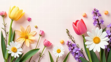 Vibrant floral arrangement with tulips, daisies, and lilies for spring decoration or greeting cards