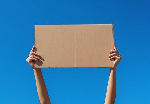 hands holding up a blank cardboard sign on clear blue sky background