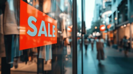 Picture of shop at fashion store window display with text SALE on red poster in the shopping mall. Sale concept Sale sign in a shop window and people in street in background.