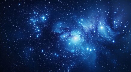 Starry sky with a cluster of stars and a bright blue nebula