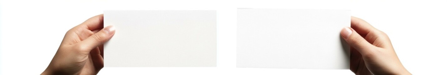 Male hand holding two blank sheets of paper isolated on white background.