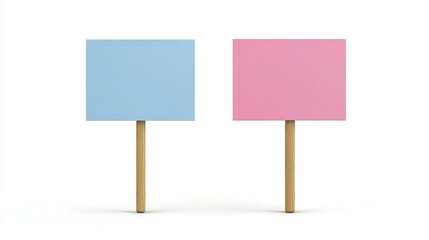 Colorful 3D illustration of two blank handheld protest signs with wooden handles standing upright on a white background alone
