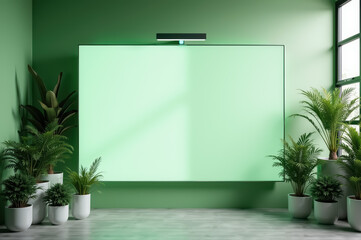 Minimalist green living room with large blank canvas and indoor plants