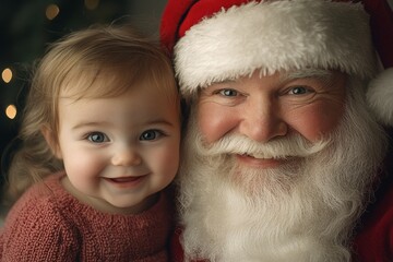 Yuletide marketing concept art visual for brochure and social media use. Happy christmas, &Ntilde;ute baby girl happiness with santa claus. Holiday smiles advertising. Santa claus happy christmas.