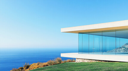 Fototapeta premium A modern minimalist glass house on a hillside, overlooking a vast ocean.