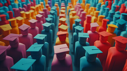 Fototapeta premium Colorful Graduates, A Celebration of Academic Achievement and Future Endeavors. Students Wear Caps and Gowns, Representing Diverse Paths.