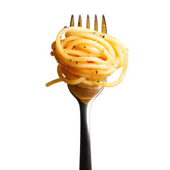 A spaghetti fork twirling a portion of spaghetti noodles