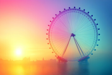 Sunrise Ferris Wheel, Vibrant Cityscape at Dawn, Colorful Abstract Background