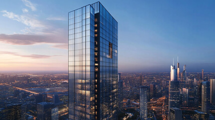 Obraz premium A modern skyscraper with mirrored glass and sleek, minimalistic design, reflecting the city skyline.