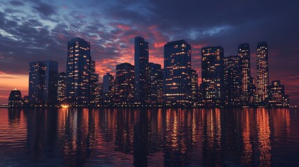 Fototapeta premium Night Cityscape Reflection at Sunset