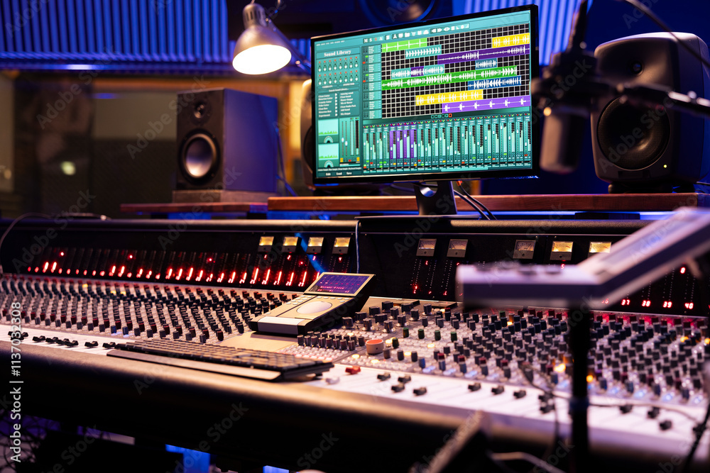 Poster Control desk in professional music studio with motorized faders and knobs used in mixing and mastering tracks. Empty control room used in recording and producing songs, sound booth.