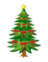 Christmas tree in cartoon style. Vector illustration of festive green fir tree with trunk decorated with shining garlands, red ribbon bows, yellow star isolated on white background. Holiday. New Year.