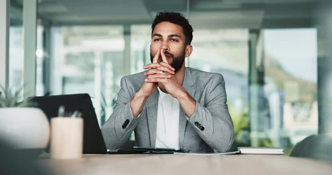 Business man, thinking or problem solving in office with startup funding proposal, strategic planning or risk management. Manager, thoughtful or smile for credit request application or finance review