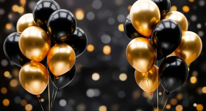 Balloons in black and gold hues are arranged in clusters, enhancing the festive setting. The colorful decorations are ideal for birthdays, graduations, or New Year's celebrations