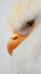 Detailed close up of a bird's face with orange beak and textured feathers