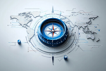 flat design illustration features compass rose centered over subtle world map using minimal outlines and cool blues and grays convey themes of navigation and exploration.