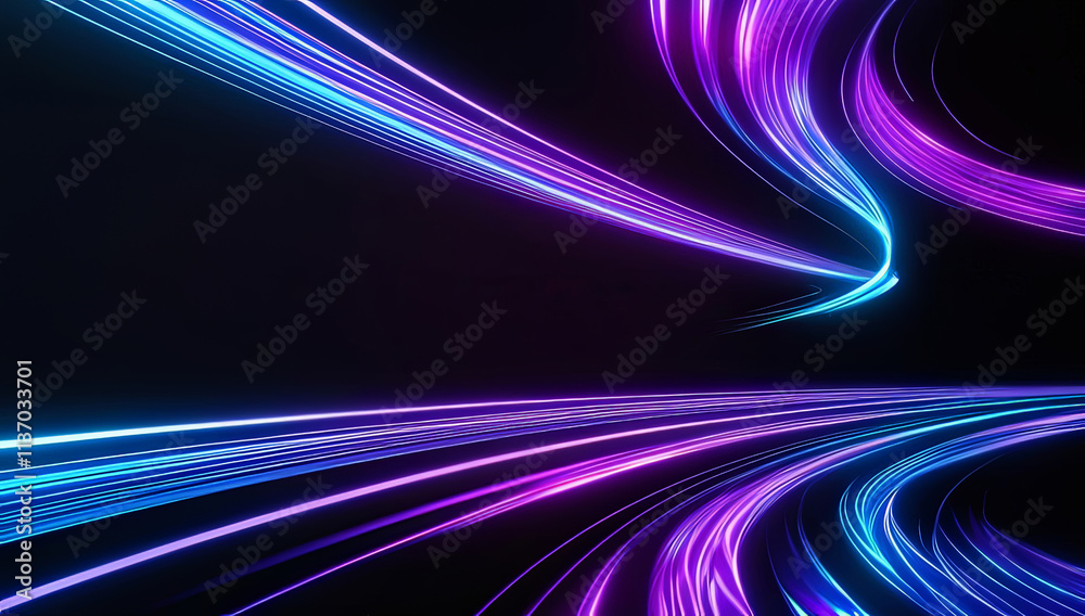 Fototapete Vibrant light trails in blue and purple twist and curve across a dark background, creating a dynamic and energetic digital landscape. The flowing lines evoke a sense of movement and modernity