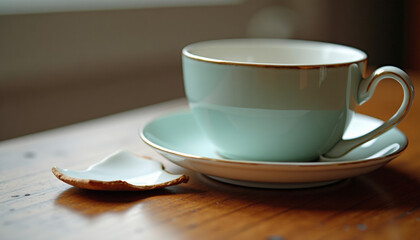 Fototapeta premium Mint Green Tea Cup and Saucer with a Broken Piece