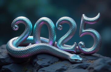 Fototapeta premium 2025 Neon Snakeskin Numbers, Snake Symbol of the Year, Christmas, Blue Background
