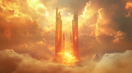 Obraz premium Golden Towers Rise Above Heavenly Cloudscape