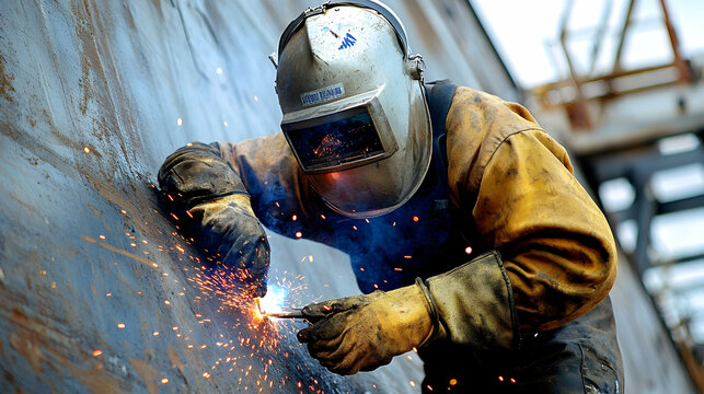 Welder Repairs Metal Surface with Sparks
