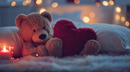 A teddy bear cuddling a heart-shaped pillow, surrounded by a softly lit room with a hint of romantic decoration.