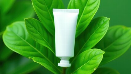 Eco-friendly skincare concept with minimalist cosmetic tube on vibrant green leaf background