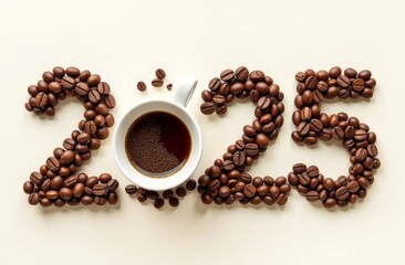 Numbers 2025 of coffee beans, cup of coffee, on a light background, postcard, Christmas, New Year
