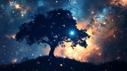 A lone tree silhouette stands on a hill against the backdrop of a breathtaking cosmic sky filled with stars and glowing nebulae. The combination of nature and the cosmos creates a peaceful yet awe
