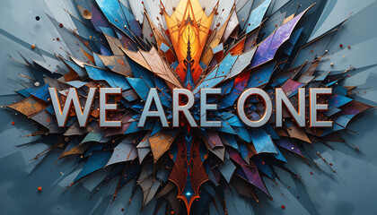 Unity in Fragmentation: We Are One,abstract illustration, Cubism-inspired surrealism, unity, individuality, fragmented shapes, conceptual art, geometric abstraction, color symbolism, collective