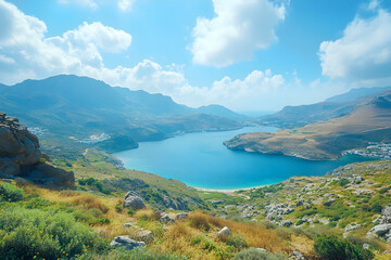 Panoramic View of a Secluded Coastal Bay Nestled Between Majestic Mountains under a Sunny Sky