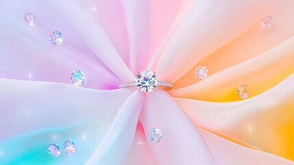 Sparkling diamond ring on a colorful, soft fabric background.