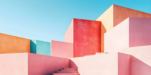 Abstract Pastel Building Exterior with Staircase, Sunny Day 3D Illustration