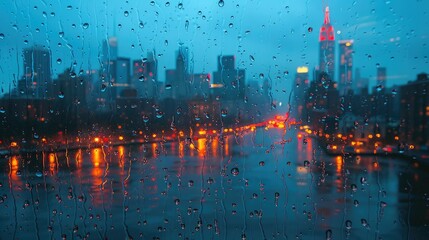 Fototapeta premium A rainy cityscape view with droplets on glass, highlighting urban lights and reflections.