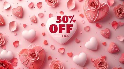 A Valentinea??s Day sale social media template featuring a bold "50% OFF" text with heart icons, surrounded by soft pink and red gradient colors and subtle rose petals.