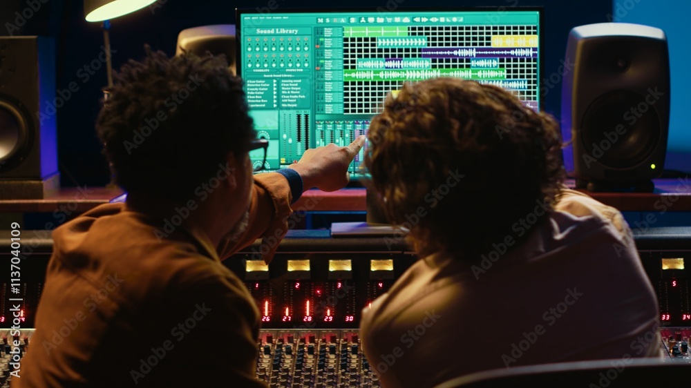 Poster Diverse people processing and mixing sounds on audio console, adding sound effects and working on creating new tracks. Artist and technician producing a hit song, daw software. Camera A.