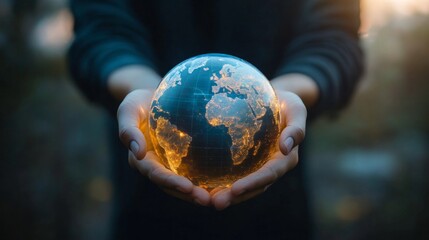 Fototapeta premium Hands gently cradle a glowing, digital Earth, symbolizing global connectivity and technological advancements. This image evokes themes of unity, innovation, and responsibility towards our planet.. AI