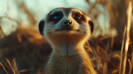 Fototapeta premium Close-up of a meerkat looking up, surrounded by tall grass in golden sunlight.