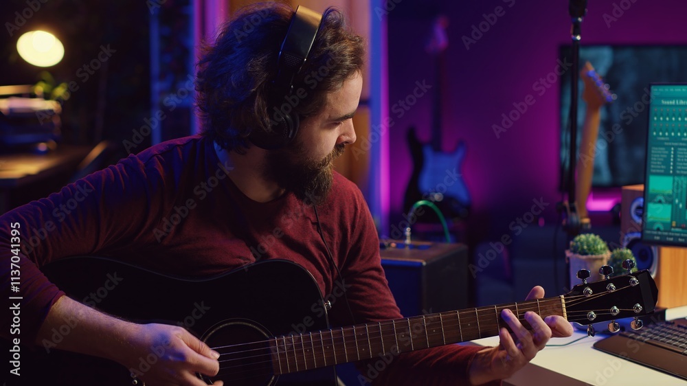 Poster sound engineer playing acoustic guitar and using mixing console to record music, adjusting volume an