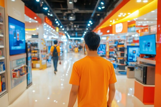 A man wearing an orange shirt strolls down a brightly lit electronics store aisle, surrounded by various electronic devices, showcasing modern retail shopping experience.