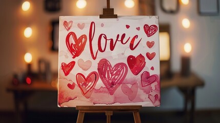 A vibrant love-themed poster for an event, featuring bold red and pink heart designs with elegant typography, displayed on a wooden easel in soft, romantic lighting.