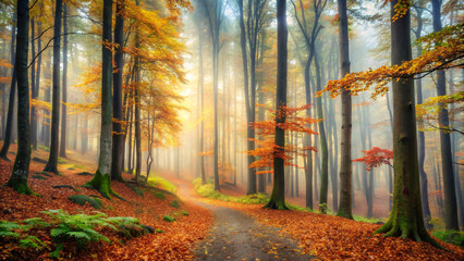 Obraz premium Forest with Autumn Fog