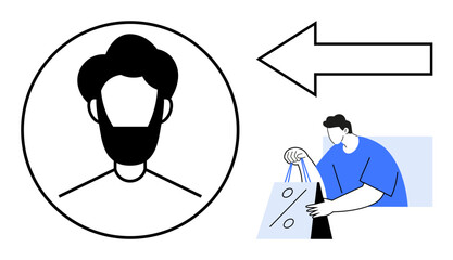 Profile icon of person with beard inside circle, arrow pointing right, man holding shopping bags with percentage sign. Ideal for marketing, e-commerce, customer profile, sales, online shopping