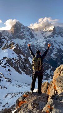 Adventurer standing triumphantly on a mountain peak with arms raised, overlooking breathtaking snow-capped mountains during golden hour