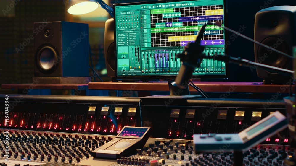 Poster Empty control room filled with buttons and sliders used for recording and editing music, mix and master concept. Professional studio panel board with switchers and pre amp knobs.
